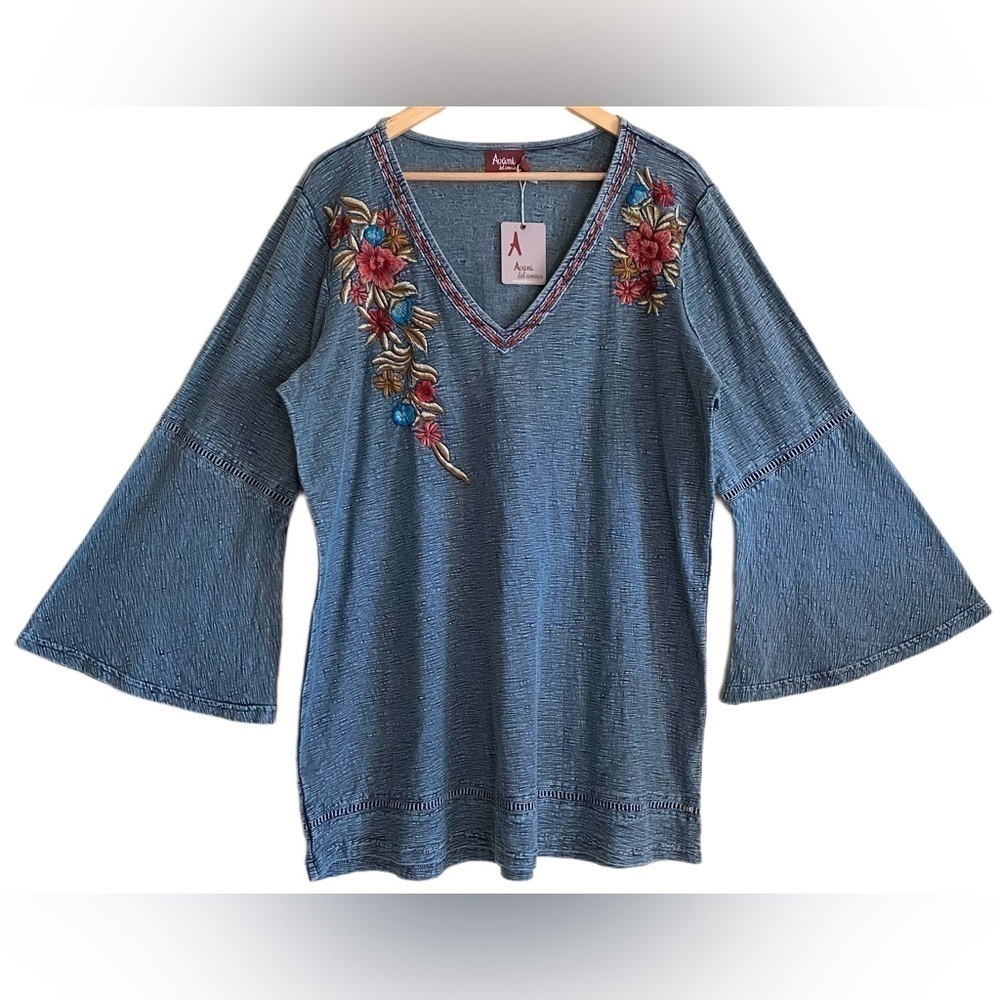 AVANI DEL AMOUR Cotton Floral Embroidered Flounce Sleeves Boho Top Size 1X NWT